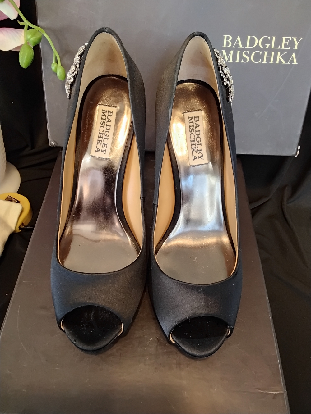 Badgley Mischka Black Satin Peep-Toe Heels with Crystal Brooch
